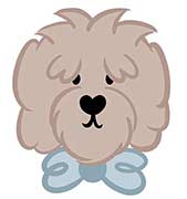 Legendary Labradoodles head of boy dog with blue bow tie cartoon