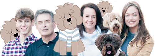 mother father daughter son family breeders and two dogs posing with cartoon dog